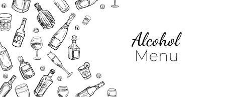 Alcohol menu design with hand drawn crayon bottles and drinking glass. Vintage line art charcoal drawings with beverages. Bar background, design element, ice cubes. Wine card background.のイラスト素材