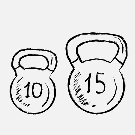 Hand drawn kettlebells. Vector sketch illustration in vintage crayon charcoal style. Classic weights gyms marked 10 and 15 for workout, strength training, fitness, sports, crossfit.のイラスト素材