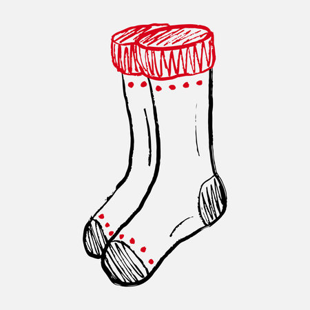 Hand drawn pair of winter socks with red cuffs, dotted accents. Vector sketch illustration in vintage crayon textured style. Cozy winter clothes, christmas decorationのイラスト素材