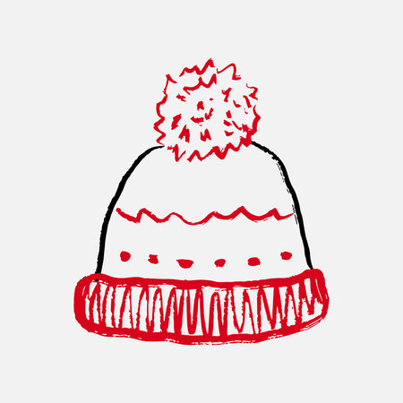Hand drawn winter hat with a large pom-pom, wavy pattern. Vector sketch illustration in vintage crayon textured style. Winter children clothes, cozy warm symbolのイラスト素材