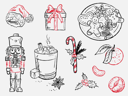 Hand drawn winter Christmas elements with nutcracker, gingerbread, gift box with red ribbon, striped candy cane, hot cocoa with marshmallow. Vector sketch illustration in vintage crayon charcoal.のイラスト素材