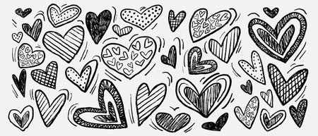 Hand drawn heart set. Vector sketch illustration in vintage crayon charcoal style. Variety of whimsical hearts with stripes, dots, crosshatch, and playful motion lines for love, art, decorationのイラスト素材