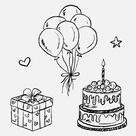 Hand drawn birthday celebration set with balloons, cake, gift box, and festive accents. Vector sketch illustration in vintage crayon charcoal style.のイラスト素材