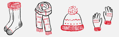 Hand drawn winter clothing set. Vector sketch illustration in vintage crayon charcoal style with red accents. Socks, scarf, hat, and gloves for cozy seasonal fashion. Merry Christmas holiday.のイラスト素材