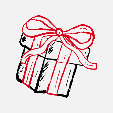 Hand drawn crayon gift box with red ribbon. Vector sketch illustration in vintage retro ink style. Merry Christmas design, holiday celebration, happy birthday.のイラスト素材