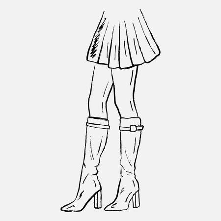 Hand drawn pleated skirt and high-heeled knee boots with buckle detail. Vector sketch illustration in vintage crayon charcoal style. Fashion industry, beauty look, sales conceptのイラスト素材