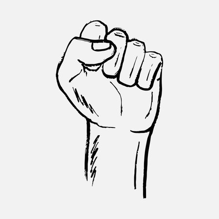 Hand drawn raised clenched fist with bold lines and shading. Human rights day poster. December 10. Vector sketch illustration in vintage crayon charcoal styleのイラスト素材