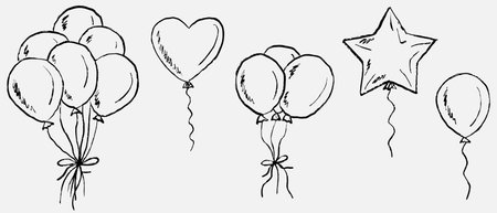 Hand drawn set of balloons including round, heart, and star shapes in clusters and singles. Vector sketch illustration in vintage crayon charcoal style. Birthday holiday equipmentのイラスト素材