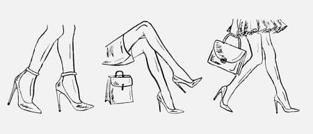 Hand drawn woman fashion shoes posters. Vector sketch illustration in vintage crayon charcoal style. Shopping posters, models, international woman day.のイラスト素材