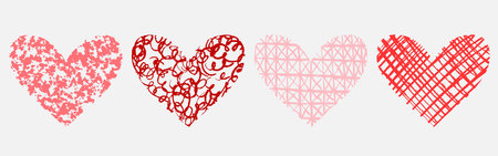 Hand drawn red heart set. Vector sketch illustration in artistic crayon charcoal style. Four unique hearts with pink and red patterns swirls, grids, dots, and textured lines for love, art, decorationのイラスト素材