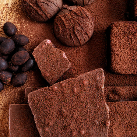 Chocolate. Chocolate cookies. Almonds in chocolate. Cocoa powder and chocolate brownie. Close up. On...