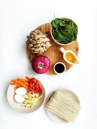 Ingredients for preparing the Korean dish. Vegetables on a white backgroundの写真素材