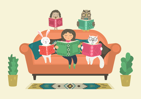 Girl reading book with fantasy clever animals on sofa. Fantasy world. Original vector illustration.のイラスト素材