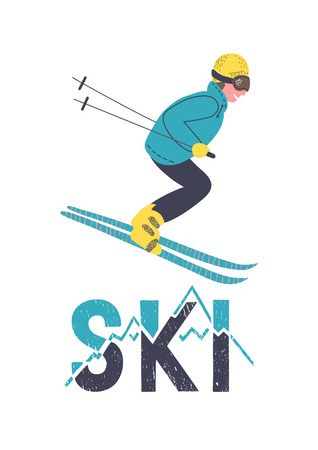 Hand drawn skier with handwriting "Ski". Winter vector illustration.のイラスト素材