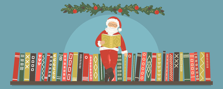 Bookshelf with sitting Santa Claus reading book. Christmas greeting banner. Education, storytelling, winter holidays vector illustration.のイラスト素材