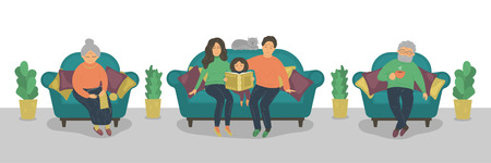 Famaly life. Mother, father and daughter reading books on sofa, grandmother knitting and grandfather drink a cup f tea. Home education concept. Vector illustration.のイラスト素材