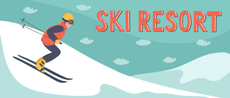 Ski resort banner. Hand drawn man skiing in the mountains. Winter vacations vector illustration with handwriting lettering.のイラスト素材