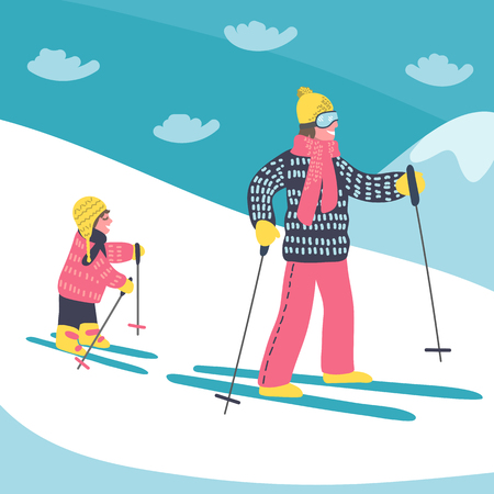 Father skiing with child in the mountains. Winter famili vacations. Vector illustration.のイラスト素材
