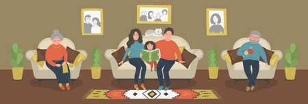 Whole family together. Mother, father, grandmother, grandfather and daughter spending time together. Home education concept. Vector illustration.のイラスト素材