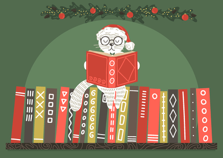 Cat in Christmas hat reading book. Bookshelf with white cat reading book. Christmas vector illustration.のイラスト素材