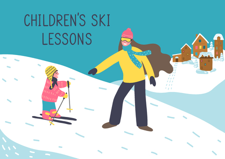 Children's ski lessons. Mother or woman instructor teaches child to ski. Vector illustration.のイラスト素材
