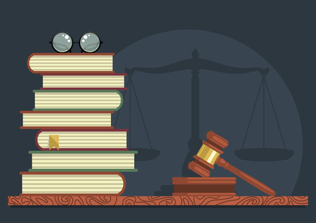 Legal studies. Stack of books with glasses and judge gavel. Vector illustration.のイラスト素材