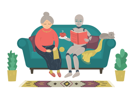 Robot reading book to senior woman sitting on sofa at home. Futuristic concept. Cute vector illustration.のイラスト素材