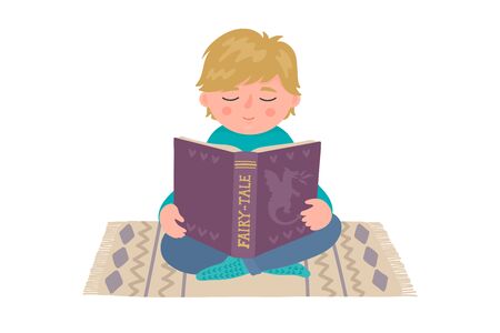 Boy reads book. Little child sitting on the carpet. Education, reading vector illustration isolated on white background.のイラスト素材