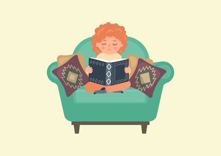 Cute little girl reads book in armchair. Child sitting in comfortable armchair. Education vector illustration in muted shades colors.のイラスト素材
