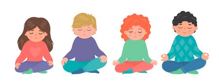 Children meditation set. Group of little girls and boys sitting in lotuse pose and maditating. Cute yoga, minfulness, relax vector illustration isolated on white background.のイラスト素材