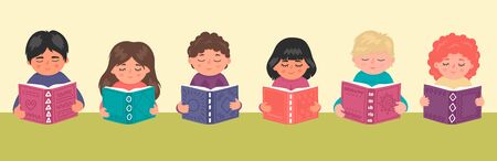 Cute children reading book. Education, library, studying, school vector illustration horizontal banner.のイラスト素材