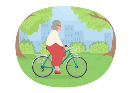 Senior woman on bike in the city park. Elderly woman cycling on the road. Bicycle with grocery bag. Healthy lifestyle, sport, transportation concept vector illustration. のイラスト素材