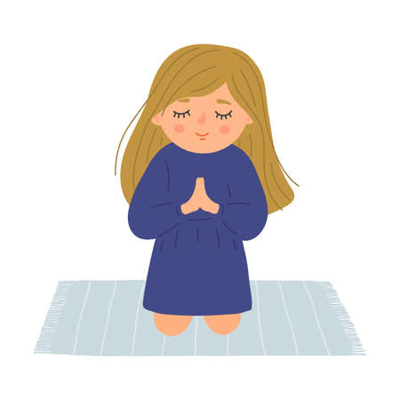 Praying child. Little girl with closed eyes sincerely prays on his knees. Religion, Christianity, faith concept.のイラスト素材