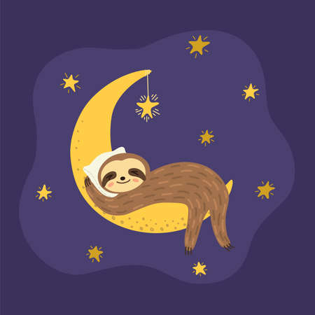 Cute sloth sleeps tight on the moon. Sweet dreams. Children's illustration.のイラスト素材