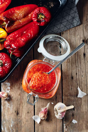 Freshly made sauce, ajvar appetizer with roasted bell pepper and garlic.の写真素材