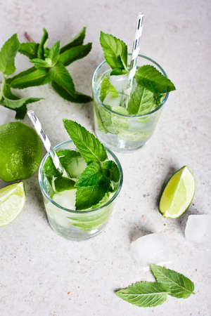 Refreshing drink glass with lime, mint and ice, mojito cocktail.