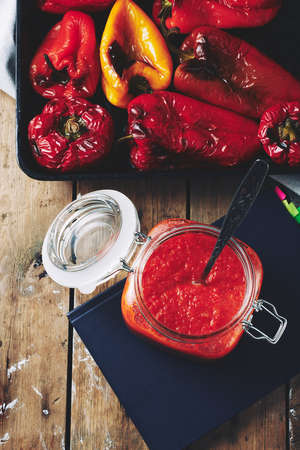 Freshly made sauce, ajvar appetizer with roasted bell pepper and garlic.の写真素材