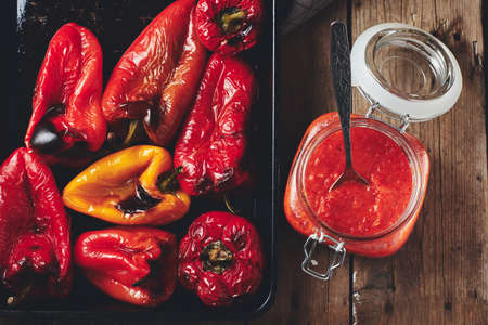 Freshly made sauce, ajvar appetizer with roasted bell pepper and garlic.の写真素材