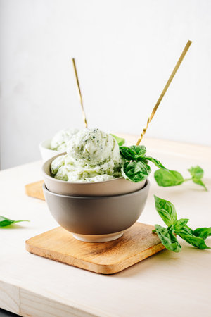 Basil ice cream in a bowl. Summer Refreshing Dessert.の写真素材