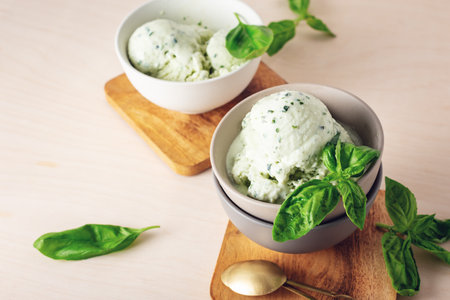 Basil ice cream in a bowl. Summer Refreshing Dessert.の写真素材