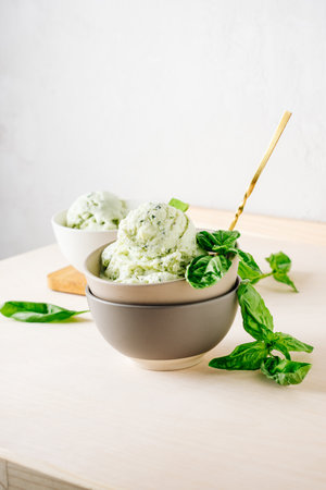 Basil ice cream in a bowl. Summer Refreshing Dessert.の写真素材