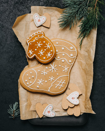 Homemade Christmas gingerbread on a dark background.の写真素材
