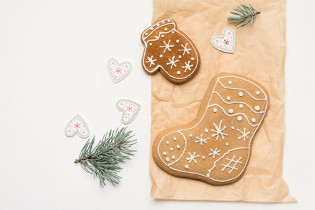 Homemade Christmas gingerbread cookies with festive decorations.の写真素材