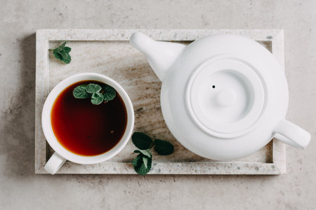 Cup of tea with fresh mint, top view.の写真素材
