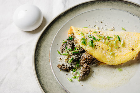 Omelet with morel mushrooms and cheese in a creamy sauce.