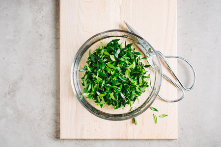 Glass bowl with cut green myrtle leaves.の写真素材