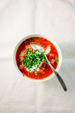 Ukrainian borscht on a light linen tablecloth. Traditional dish of Ukrainian cuisine.