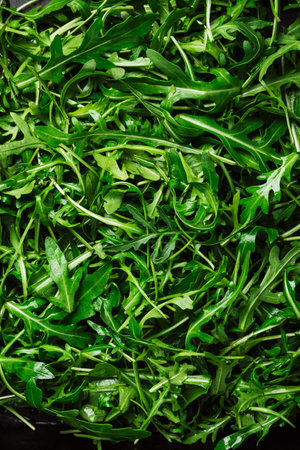 Fresh green arugula leaves close-up, background.
