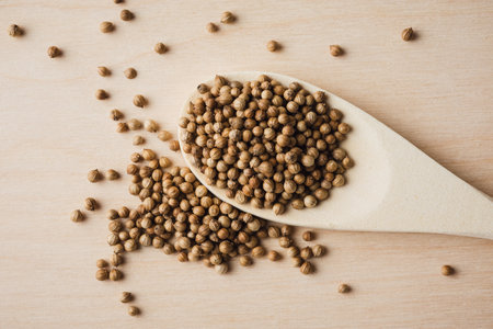 Coriander seeds in wooden spoon, top view.の写真素材