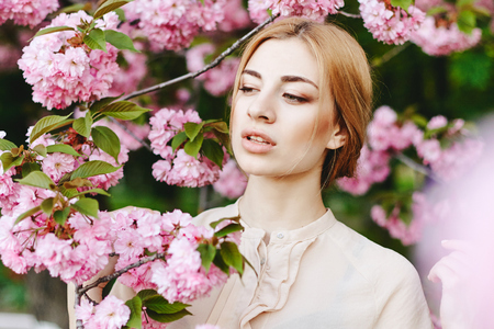 Spring portraits gorgeous young woman on  cherry blossom backgroundの写真素材